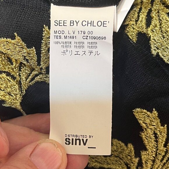 See By Chloé Black & Gold Embroidered Sleeveless Dress Women Size 6 V-Neck Elega - Picture 9 of 14